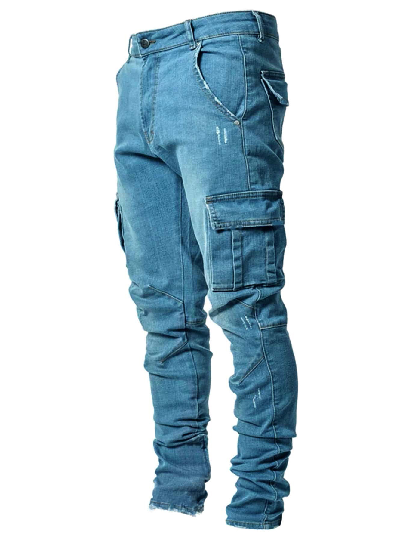 Mens Non-Ripped Stretch Cargo Jeans Denim Multi Pocket Pants