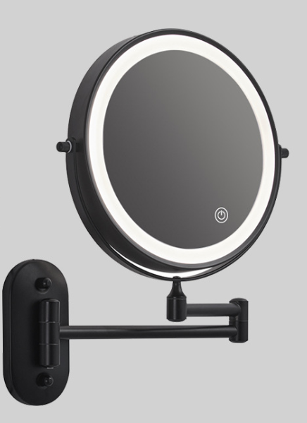Rechargeable LED magnifying mirror in black, with 3-color touch light