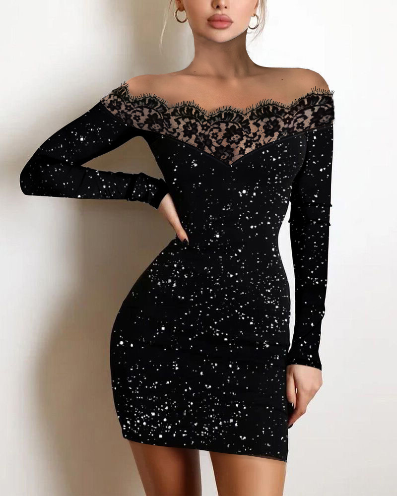 2022 European and American Amazon Lace One Shoulder Dress Hollow Flash Highlight Stretch Fabric Hip Skirt